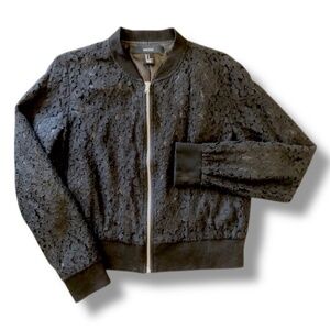 Forever21 Black Sheer Lace Bomber Jacket With Front Full Zip Size S